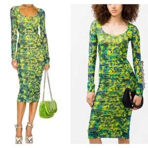 GANNI Ruched Mesh Dress Sulphur Spring Green Yellow Floral Midi 38 Wedding Guest